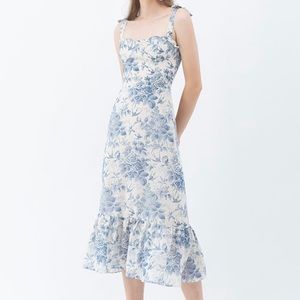SWALLOW AND ROSE PRINTED TIE-STRAP MIDI DRESS